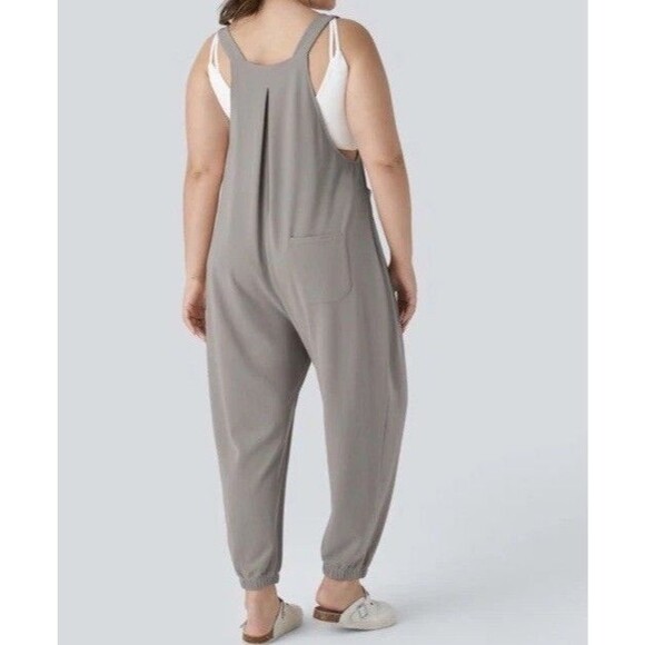 Halara Waffle Knit Pleated Overalls Jumpsuit Mink Brown Adjustable Size L - Picture 3 of 16